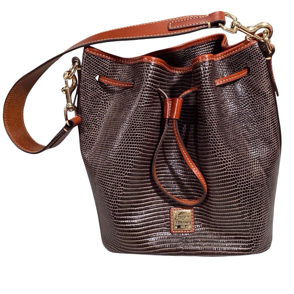 Dooney & Bourke Embossed Lizard Drawstring Bucket Shoulder Handbag Chestnut